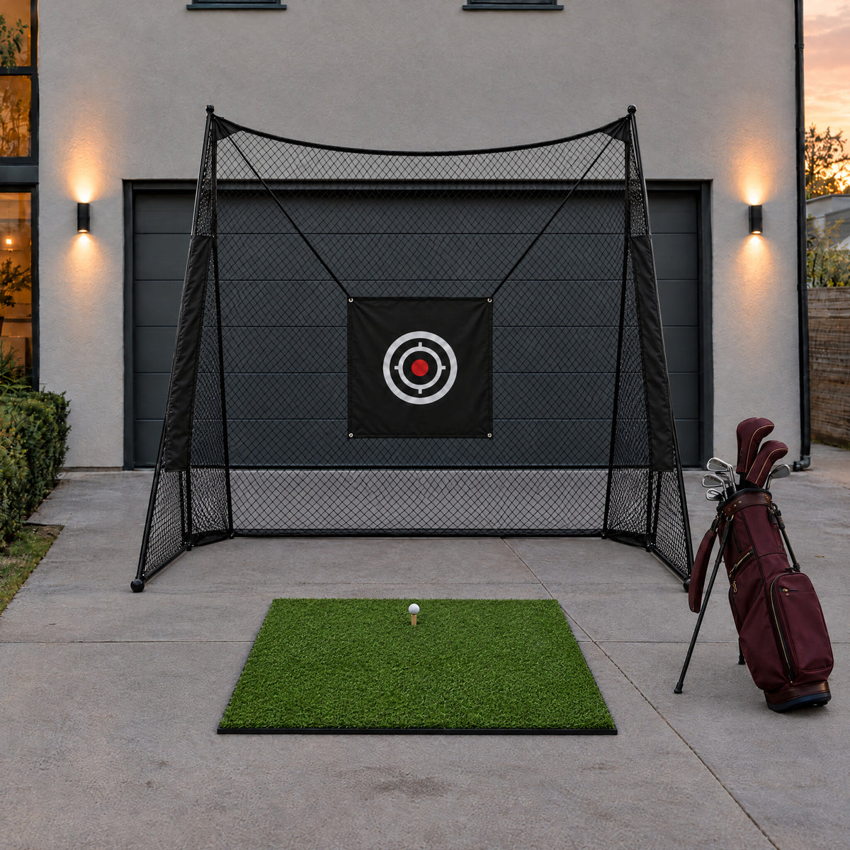 Pro Practice Net, 8.2 ft (2.5 m), on a home driveway with the Range Hitting Mat and a golf bag (illustrative image)