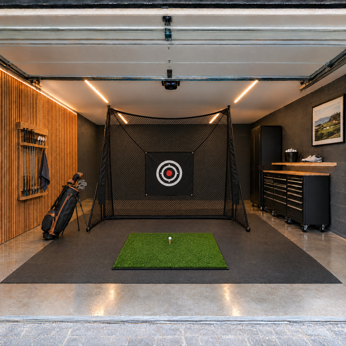 Pro Practice Net in a home garage practice bay with the Range Hitting Mat (illustrative image)