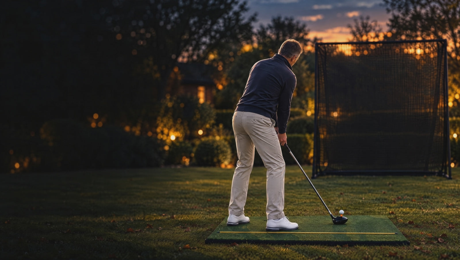 Golfer hitting a driver into a practice net in his garden at dusk