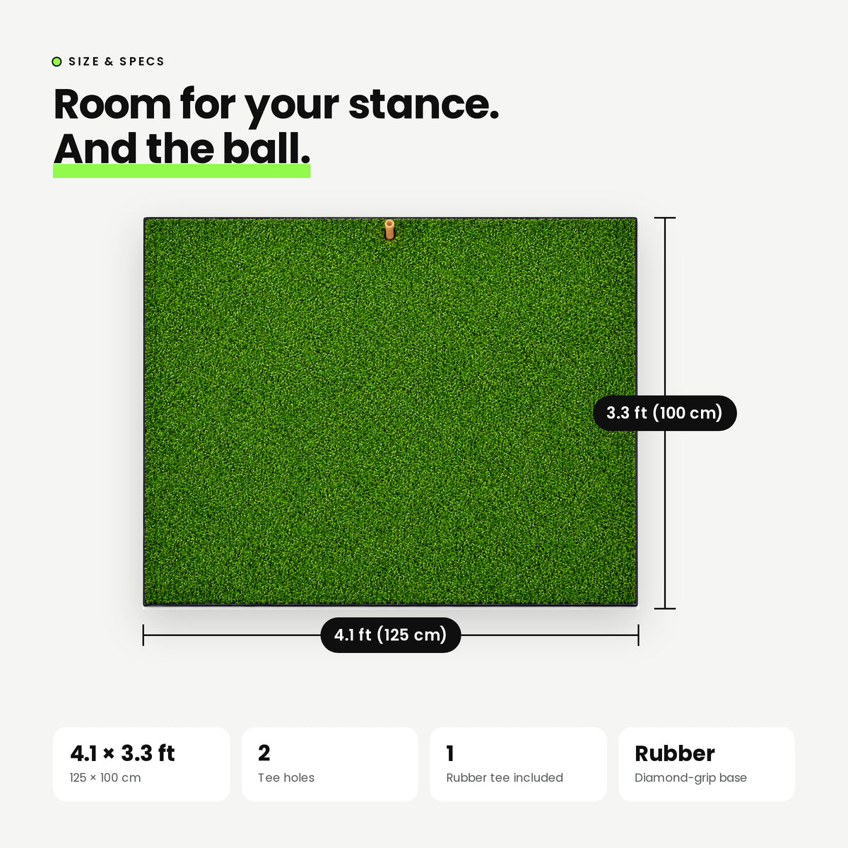 Range Hitting Mat size: 4.1 x 3.3 ft (125 x 100 cm), 2 tee holes, rubber tee included, diamond-grip rubber base