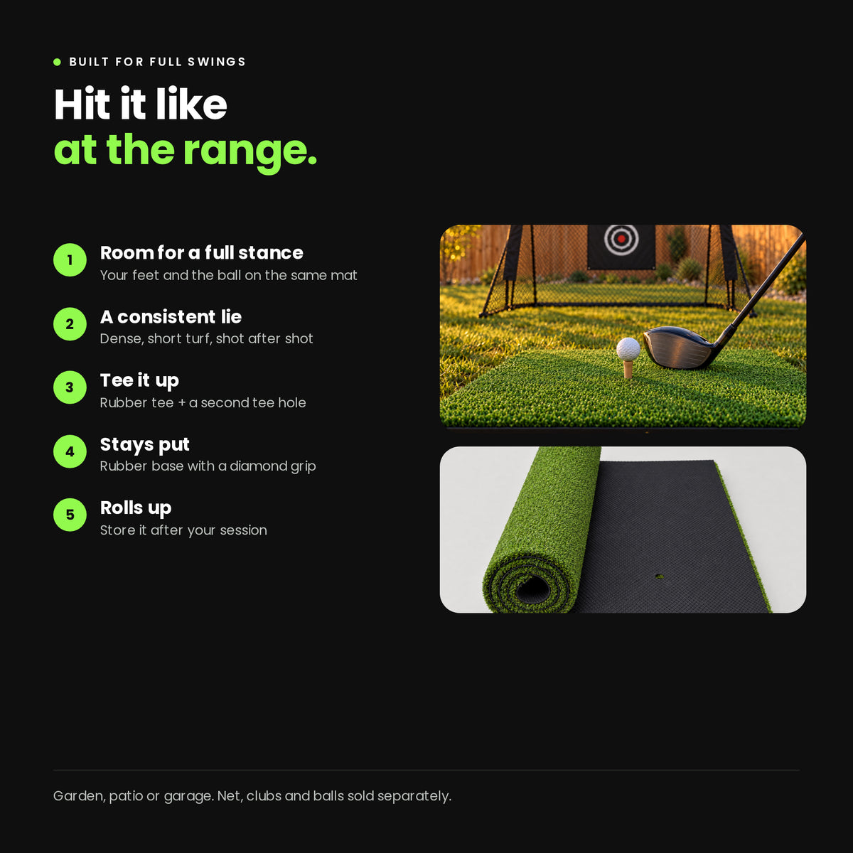 Range Hitting Mat features: room for a full stance, consistent lie, rubber tee, rubber grip base, rolls up