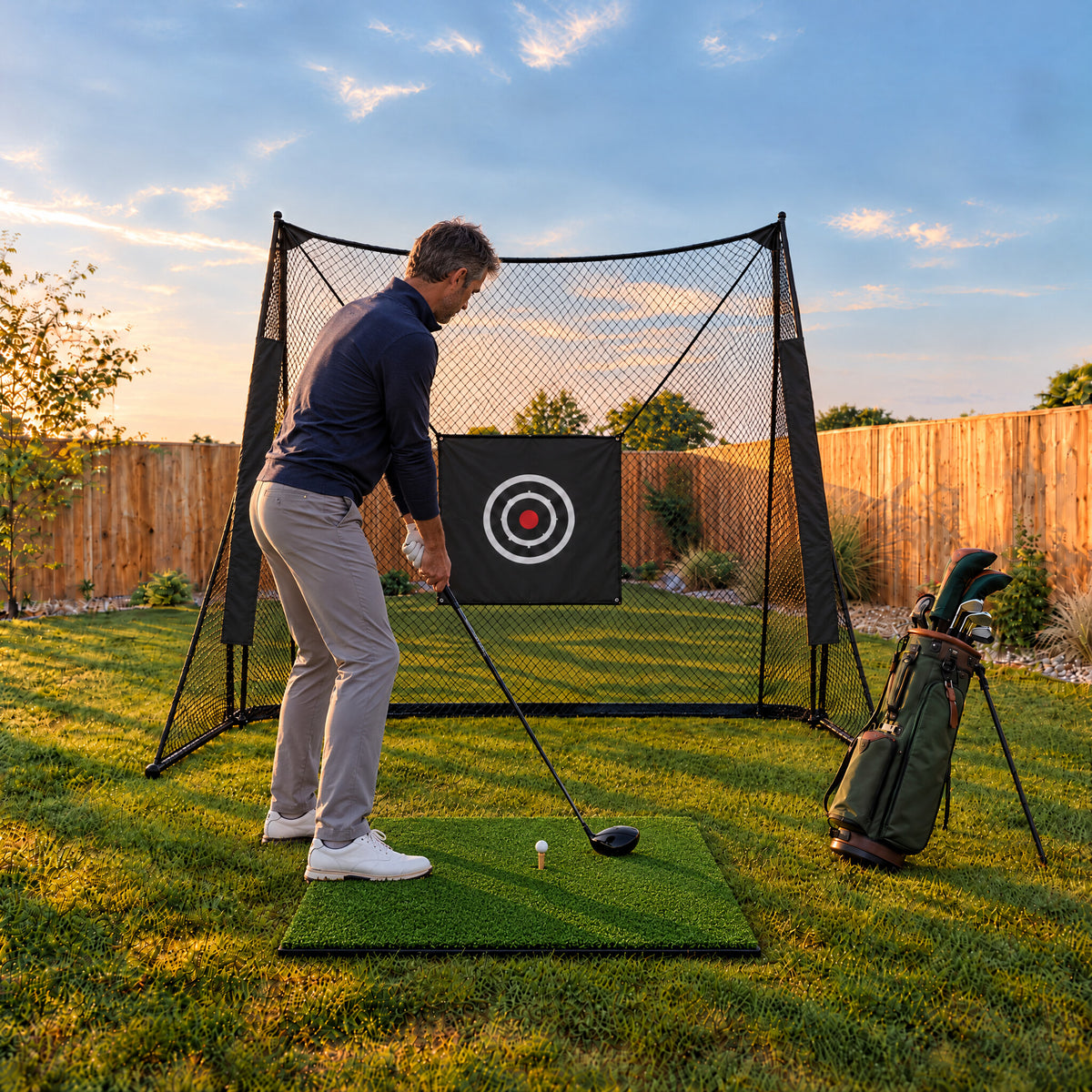 Golfer at address with a driver on the Range Hitting Mat in front of the Pro Practice Net, garden at golden hour (illustrative image)