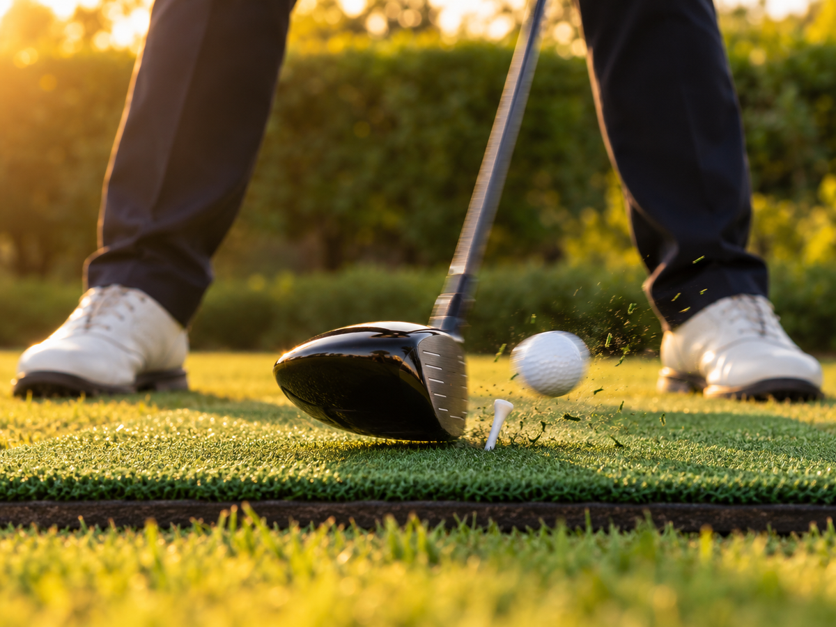 Golfer swinging a club in a back garden