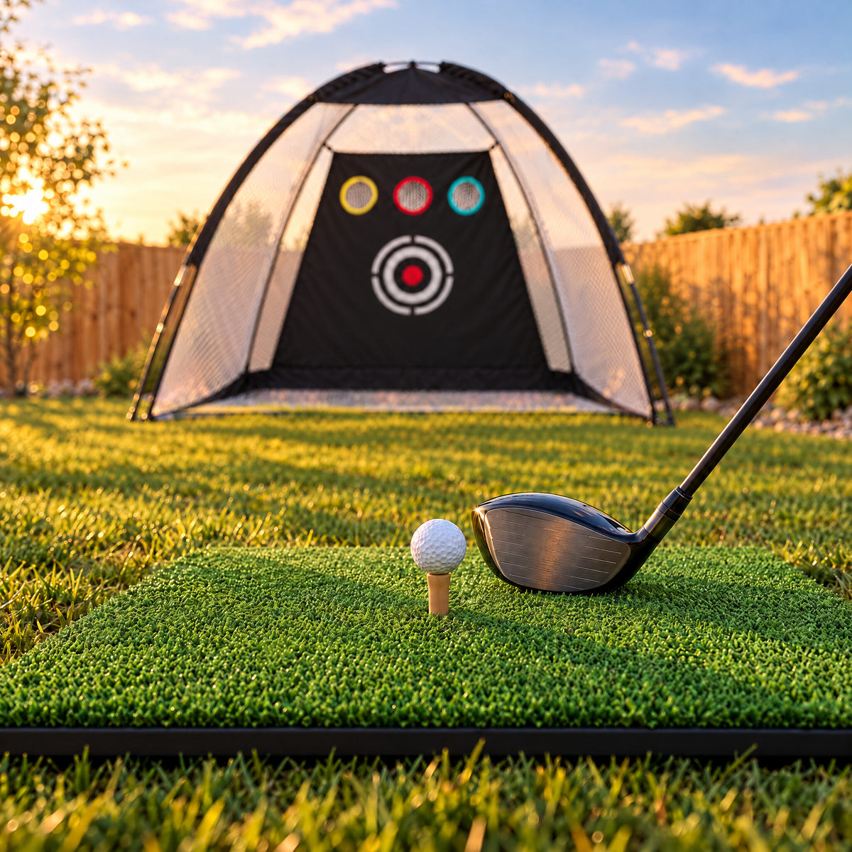 Ball on the rubber tee of the Range Hitting Mat, driver behind, Dome Practice Net in the background (illustrative image)