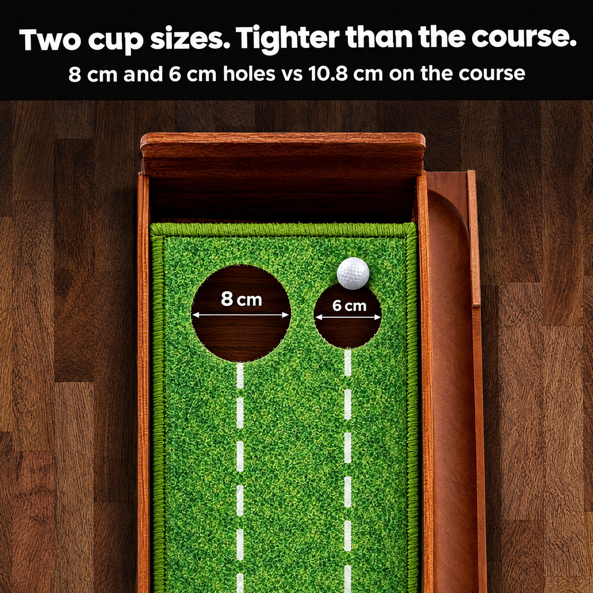 Two cup sizes: 8 cm and 6 cm holes, tighter than the 10.8 cm hole on the course