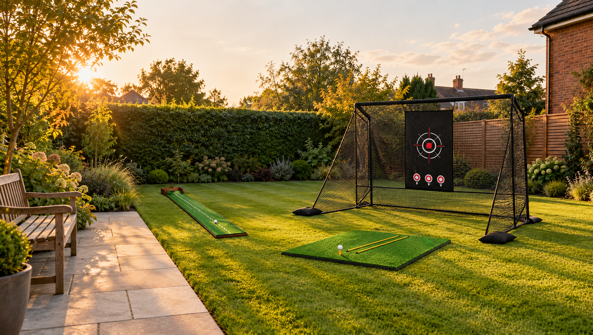 The same back garden with a YardRange practice net, hitting mat and putting mat set up on the lawn