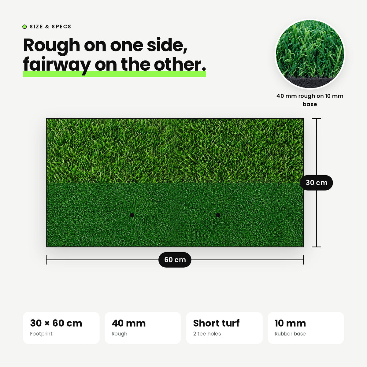 Dual Turf chipping mat size: 60 x 30 cm, 40 mm rough and short turf on a 10 mm rubber base