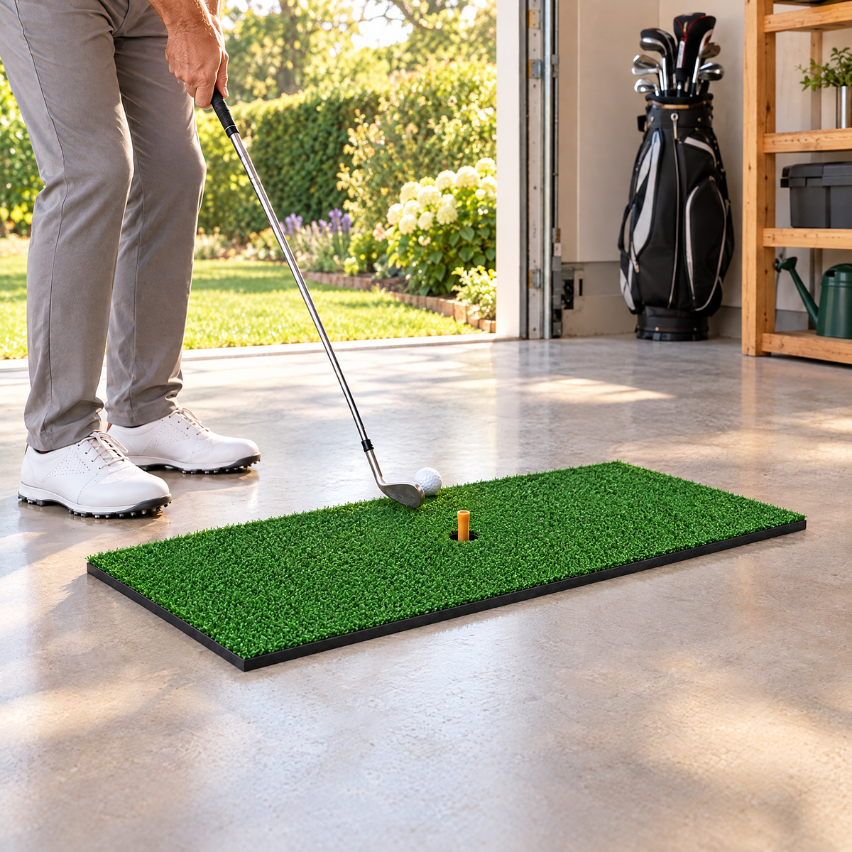 Golfer chipping off the Single Turf mat in a home garage (illustrative image)