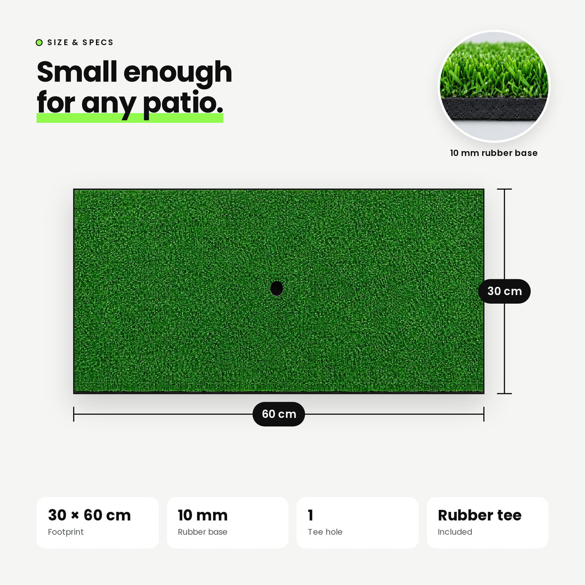 Single Turf chipping mat size: 60 x 30 cm, 10 mm rubber base, 1 tee hole