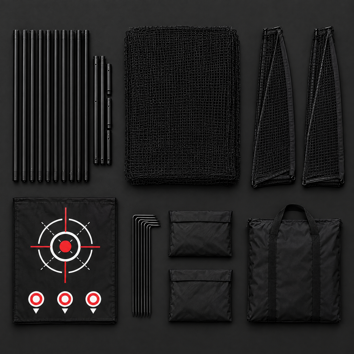 What's in the box: frame tubes, netting, 2 side barriers, target cloth, ground stakes, 2 sandbags and carry bag