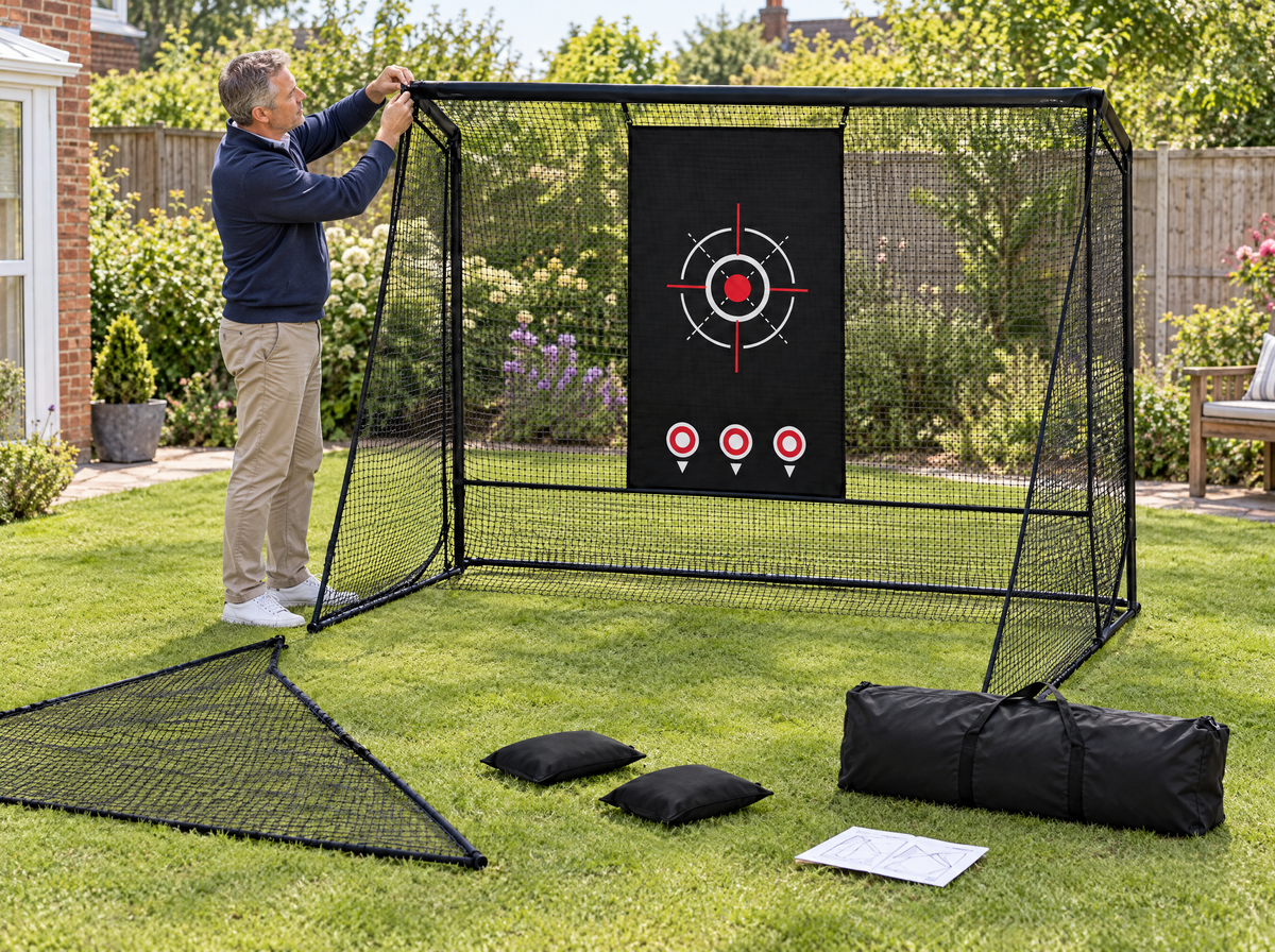 Setting up the practice net frame and netting in a back garden