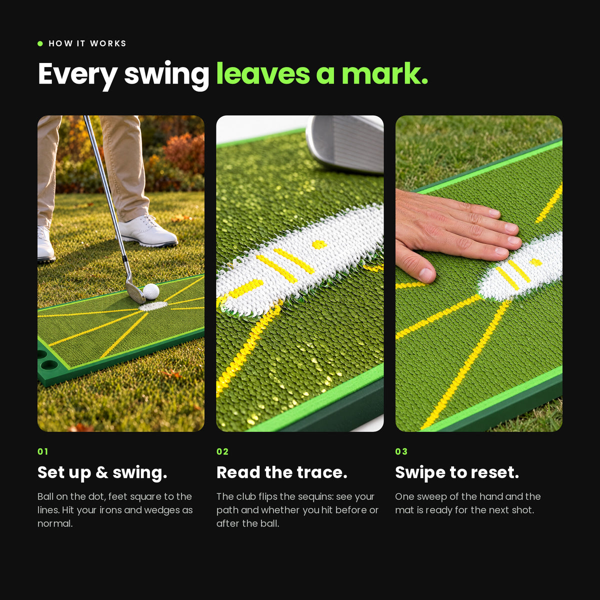 How it works: set up and swing, read the trace, swipe to reset