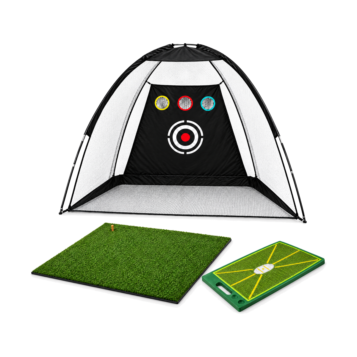 Dome Practice Set: Dome Practice Net, Range Hitting Mat, Strike Trace Mat Large, on a white background