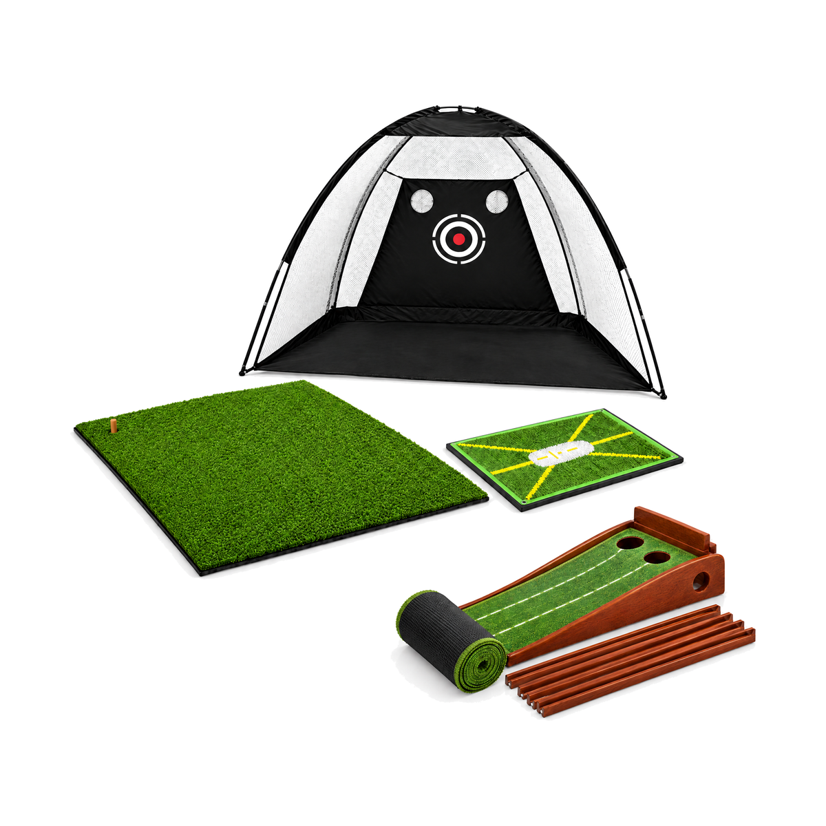 Junior Dome Complete Home Range: Junior Dome Practice Net, Range Hitting Mat, Strike Trace Mat Compact, Ball-Return Putting Mat (rolled, with ramp and return rails), on a white background