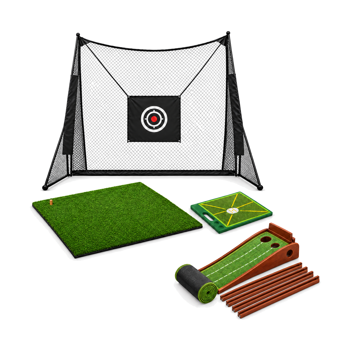 Pro Complete Home Range: Pro Practice Net, Range Hitting Mat, Strike Trace Mat Large, Ball-Return Putting Mat (rolled, with ramp and return rails), on a white background